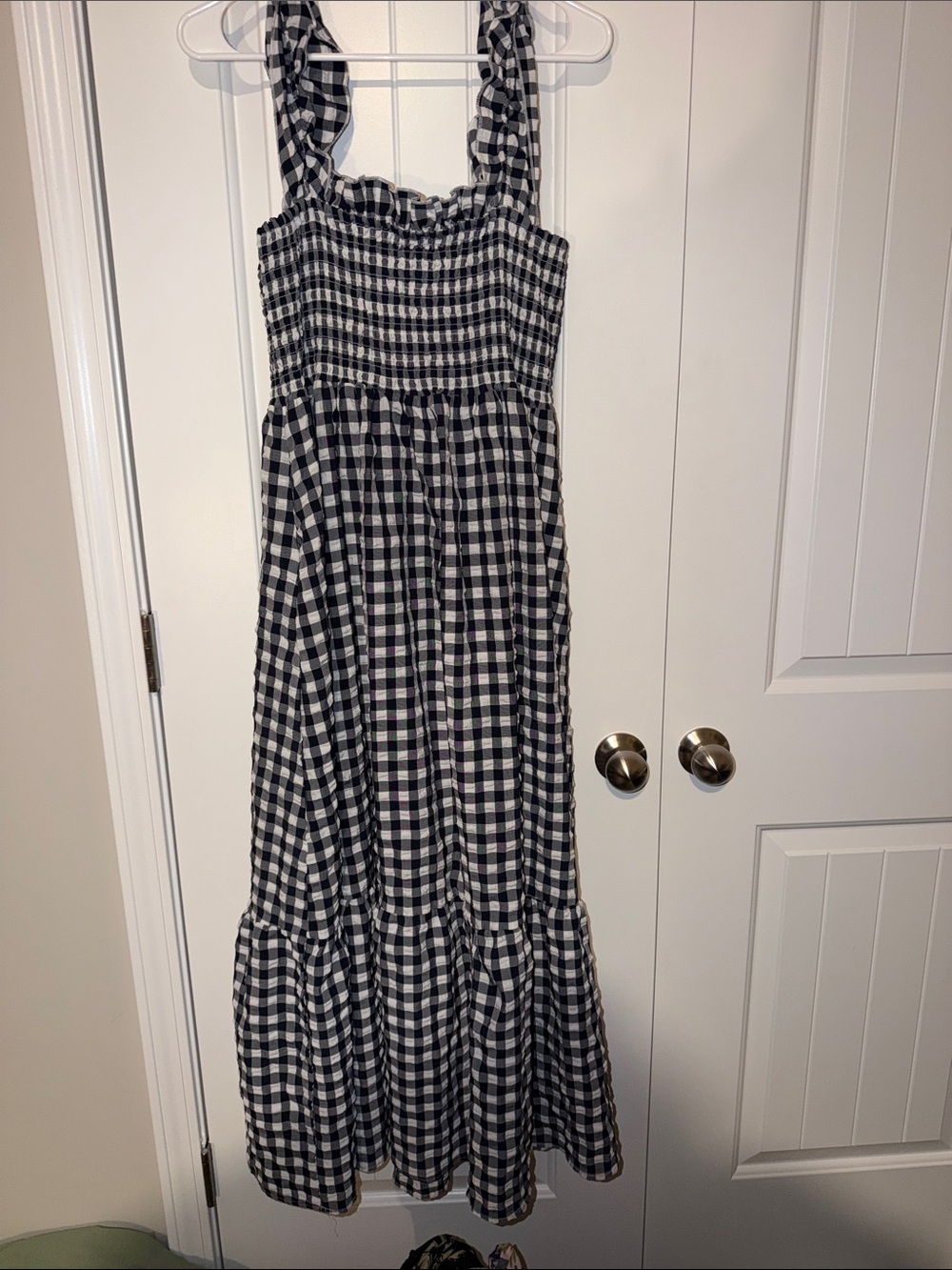 Smocked Gingham Maxi Dress - Navy  & White